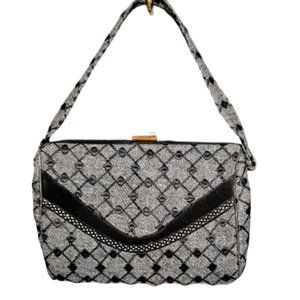 1950s True Vintage Grey And Black Design Small Wool Top Handle Box Handbag